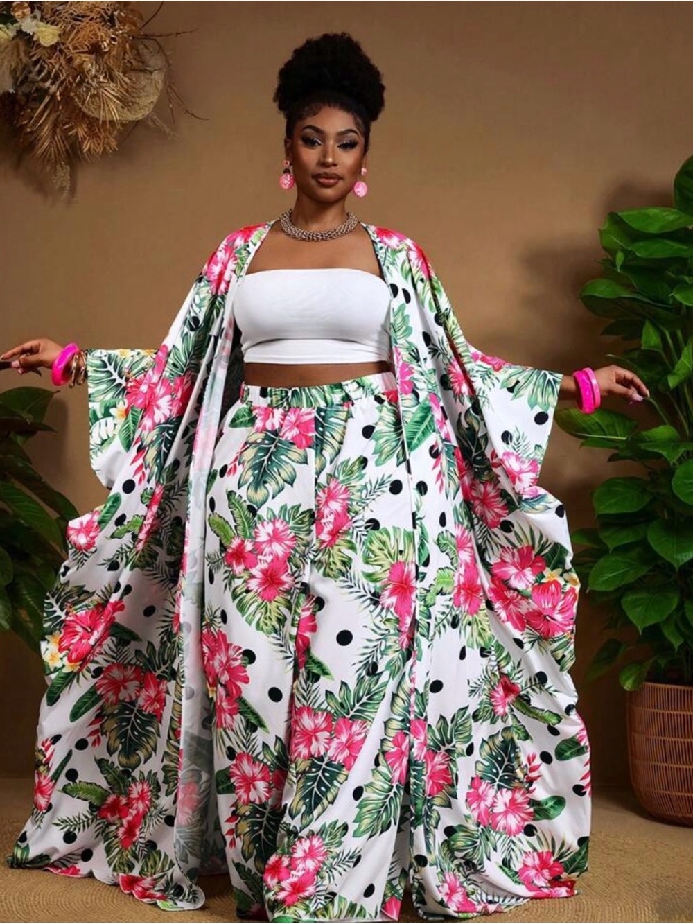 Tropical Floral Maxi Skirt Set with Kimono - White, Pink & Green - 2 PCS
